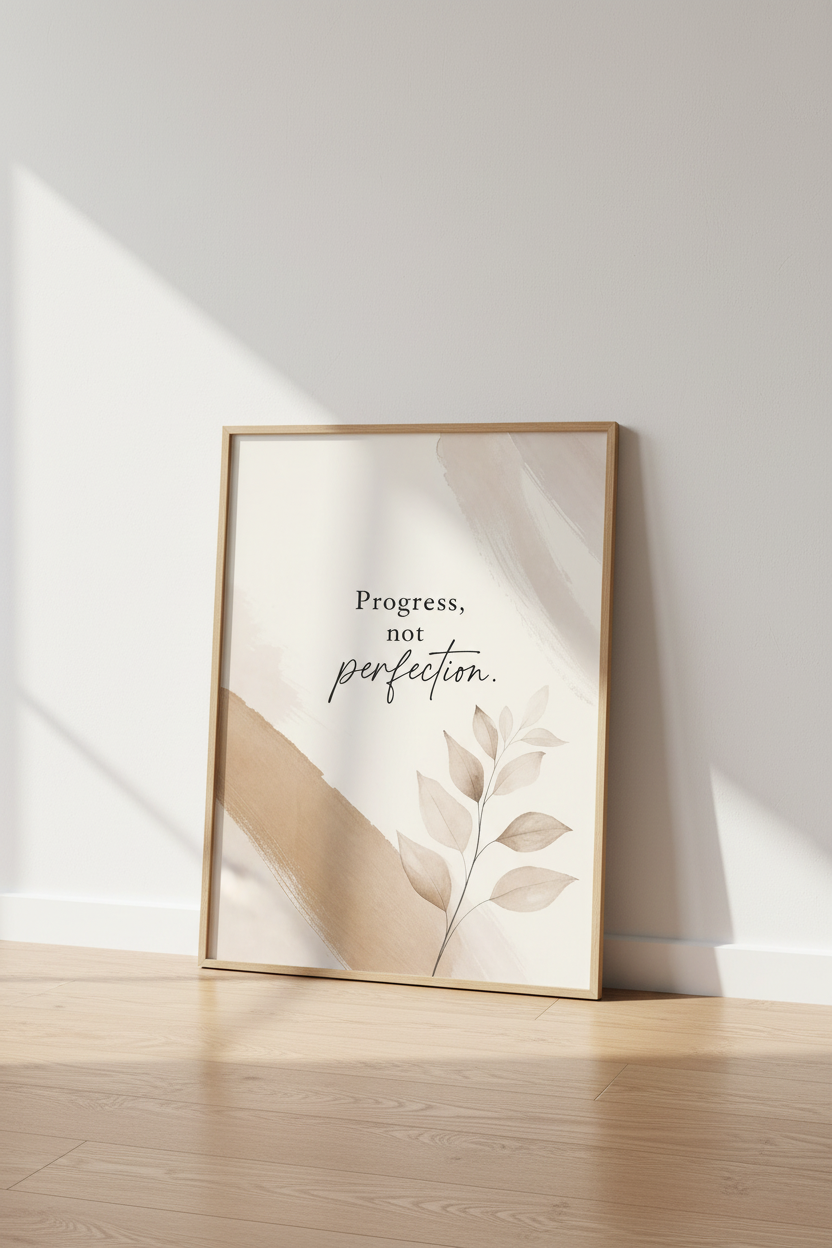 Progress Not Perfection Quote Wall Art | Neutral Beige Boho Decor | Minimalist Poster
