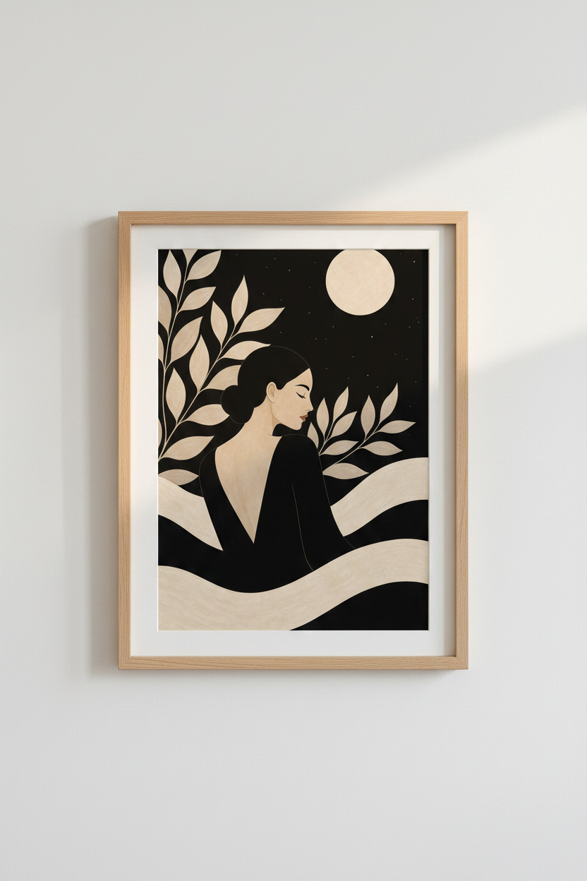 boho wall art print | Silhouette Woman Decor | Beige Night Poster