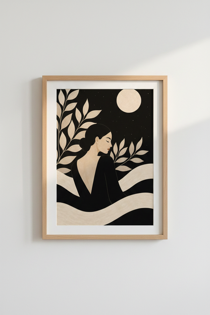 boho wall art print | Silhouette Woman Decor | Beige Night Poster