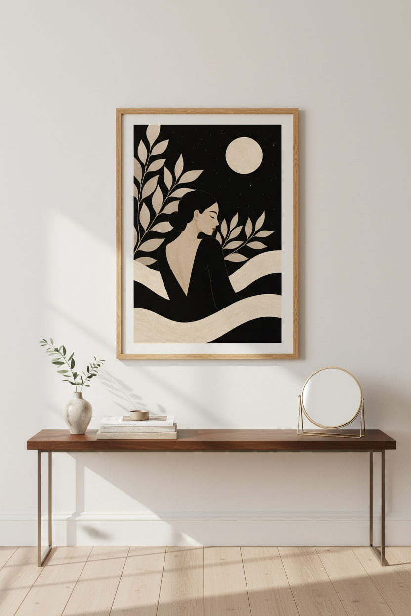 boho wall art print | Silhouette Woman Decor | Beige Night Poster