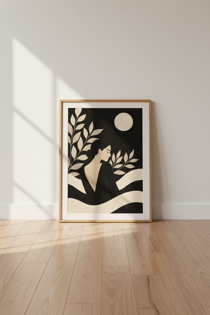 boho wall art print | Silhouette Woman Decor | Beige Night Poster