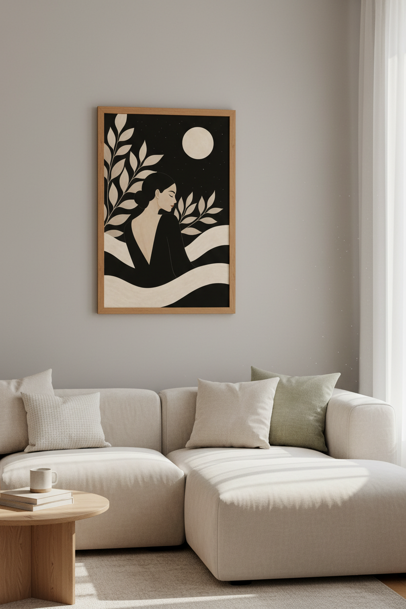 boho wall art print | Silhouette Woman Decor | Beige Night Poster