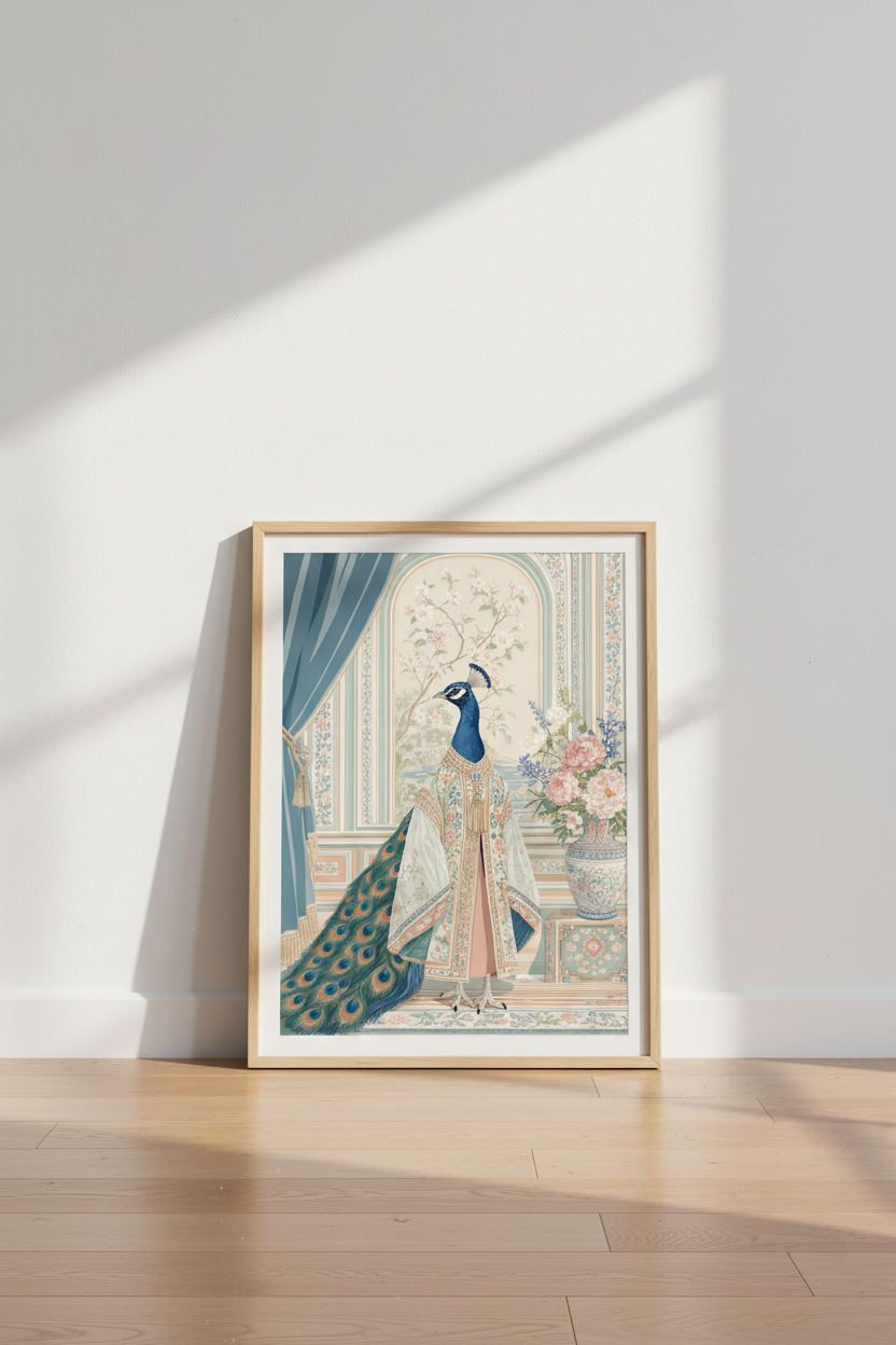 Regal Peacock Wall Art Print | Chinoiserie Pastels, Maximalist Decor