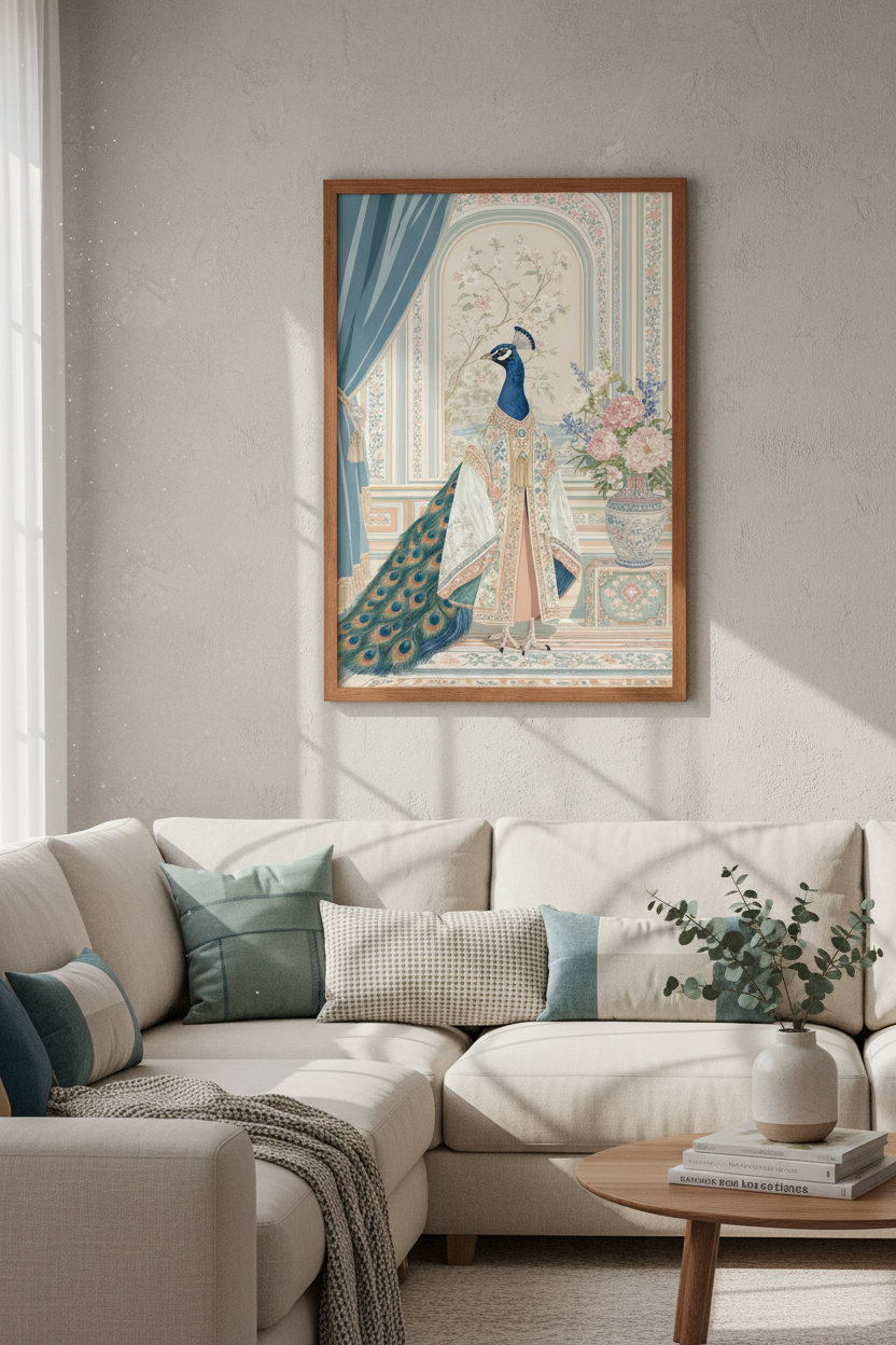 Regal Peacock Wall Art Print | Chinoiserie Pastels, Maximalist Decor