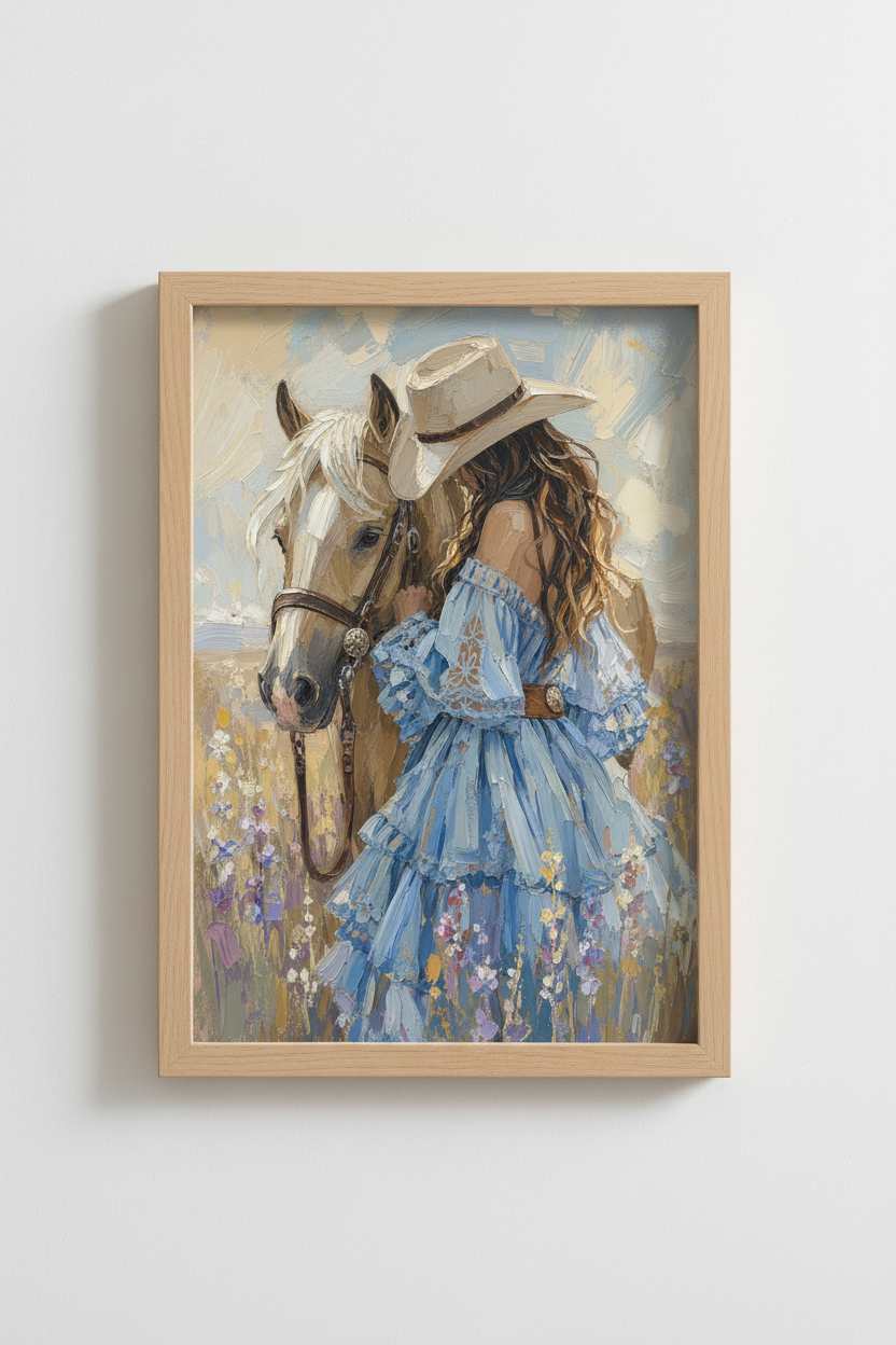 Western Horse Wall Art Print | Cowgirl Oil Painting, Rustic Farmhouse Decor
