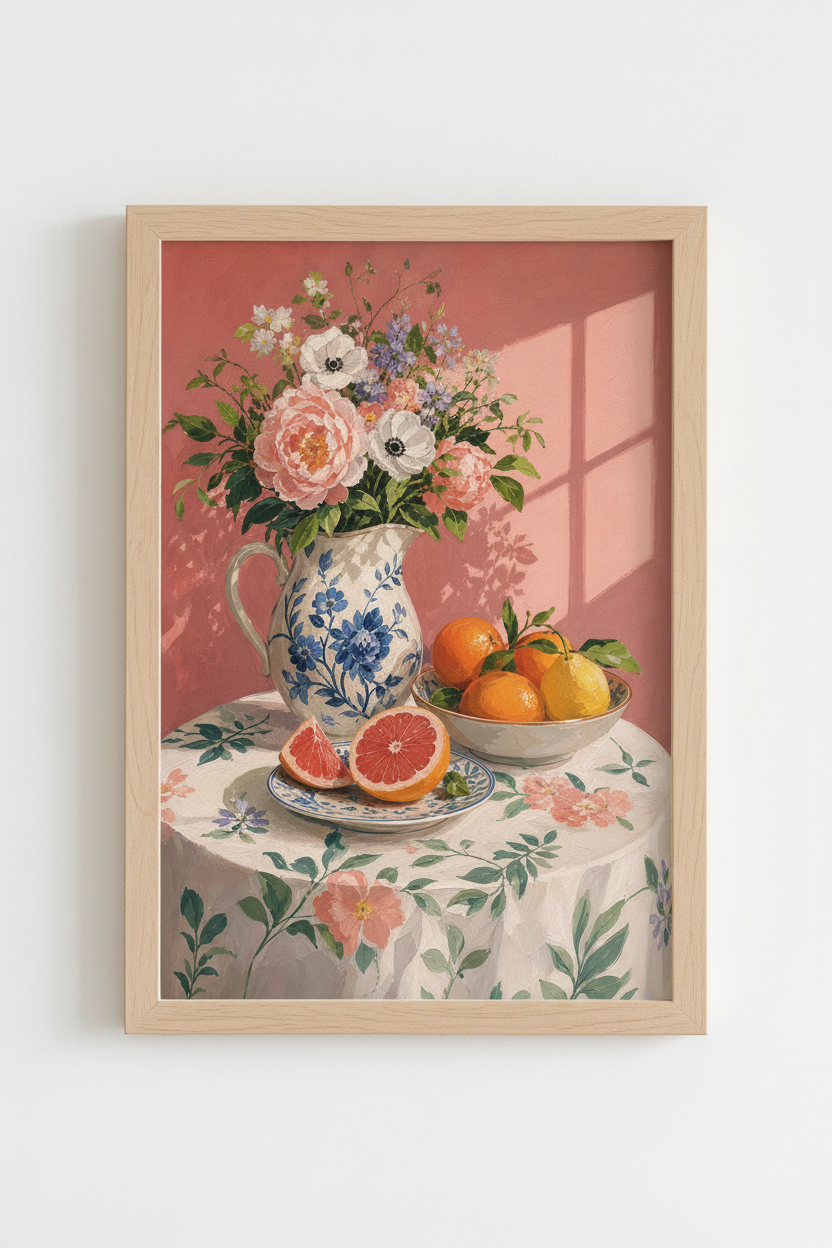 French Still Life Wall Art Print | Pink Floral &amp; Citrus Decor | Grandmillennial Poster