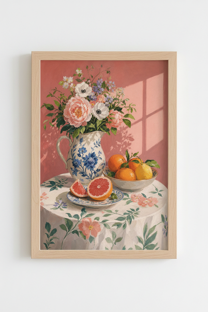 French Still Life Wall Art Print | Pink Floral &amp; Citrus Decor | Grandmillennial Poster