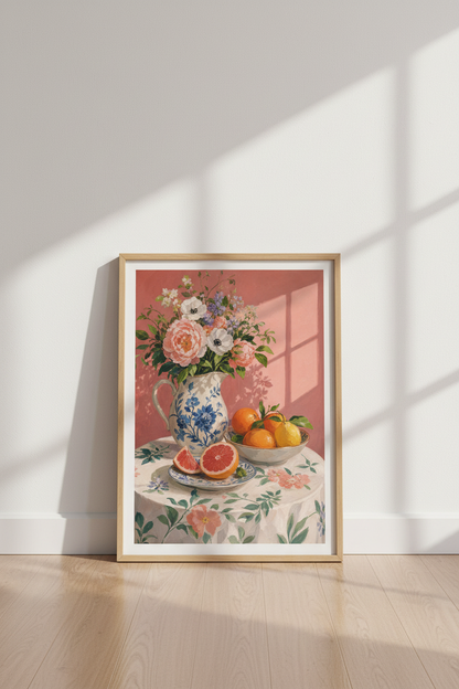 French Still Life Wall Art Print | Pink Floral &amp; Citrus Decor | Grandmillennial Poster