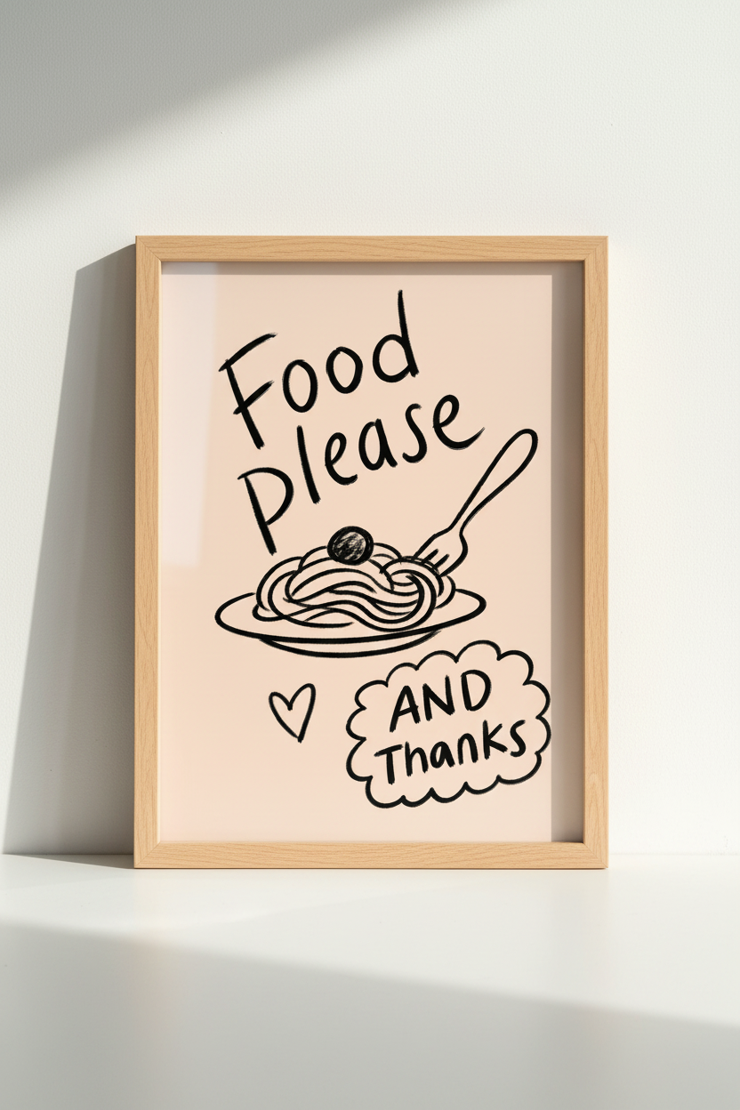 pasta wall art | Whimsical doodle, blush pink kitchen decor