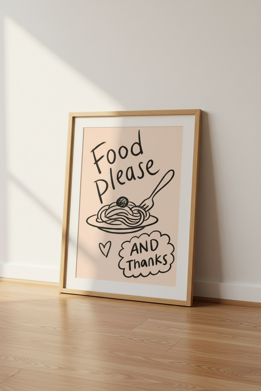 pasta wall art | Whimsical doodle, blush pink kitchen decor