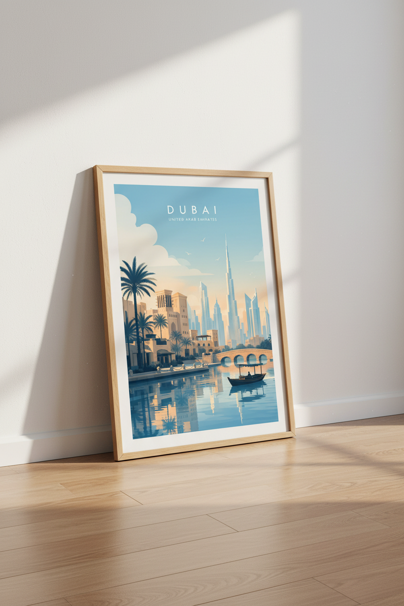 Dubai Travel Poster | Burj Khalifa Skyline Art Print, Minimalist UAE Decor