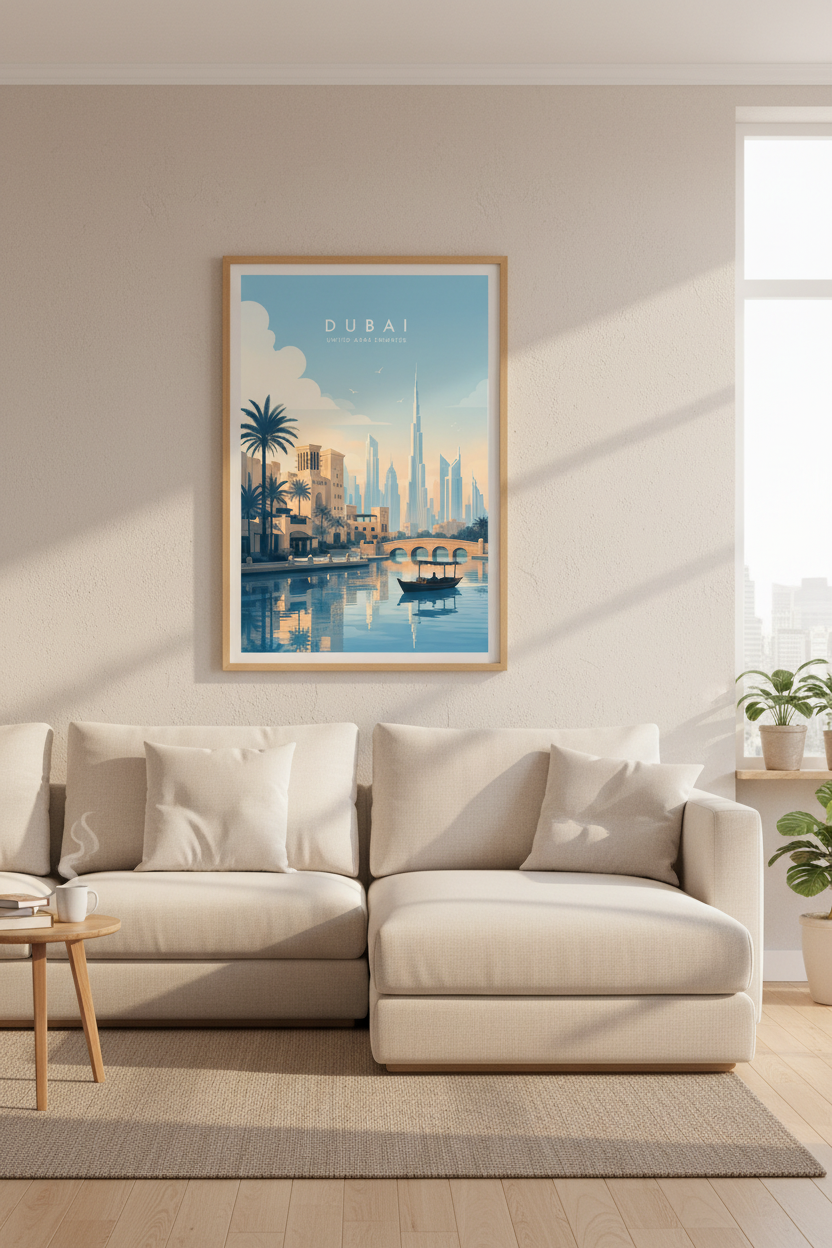 Dubai Travel Poster | Burj Khalifa Skyline Art Print, Minimalist UAE Decor