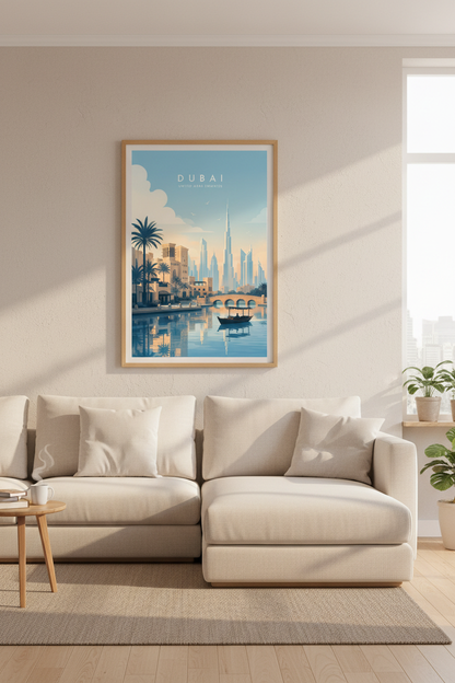 Dubai Travel Poster | Burj Khalifa Skyline Art Print, Minimalist UAE Decor