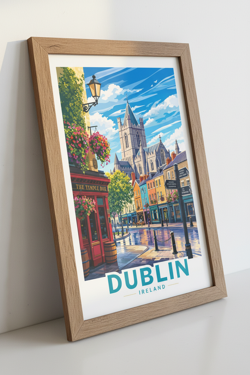 Dublin Temple Bar Art Print | Irish Travel Poster | Colorful Cityscape Decor