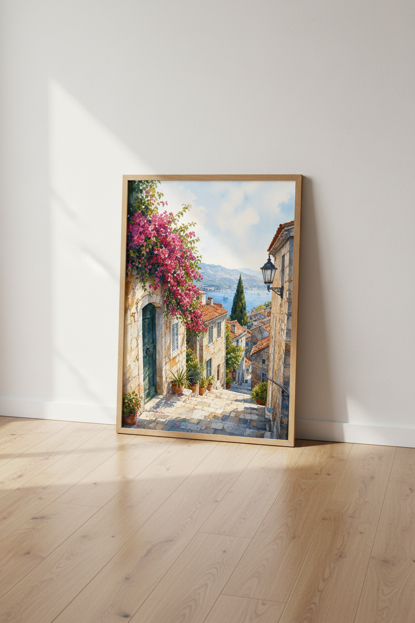 Mediterranean Coastal Village | Watercolor Pink Floral, Living Room Decor Print