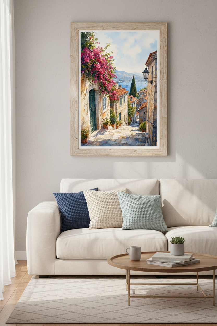 Mediterranean Coastal Village | Watercolor Pink Floral, Living Room Decor Print