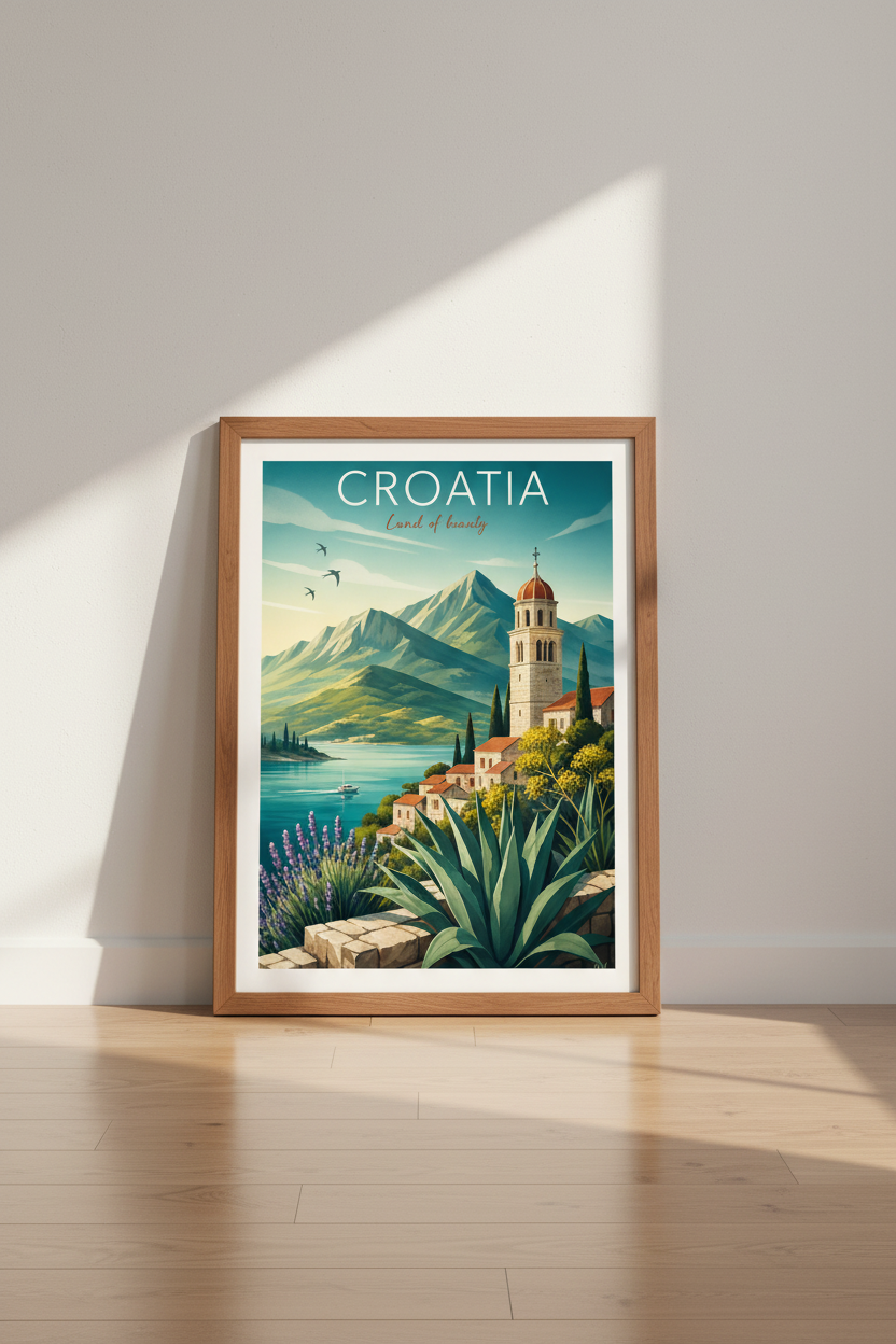 Croatia Travel Poster | Vintage Mediterranean Coast Wall Art, Living Room Decor