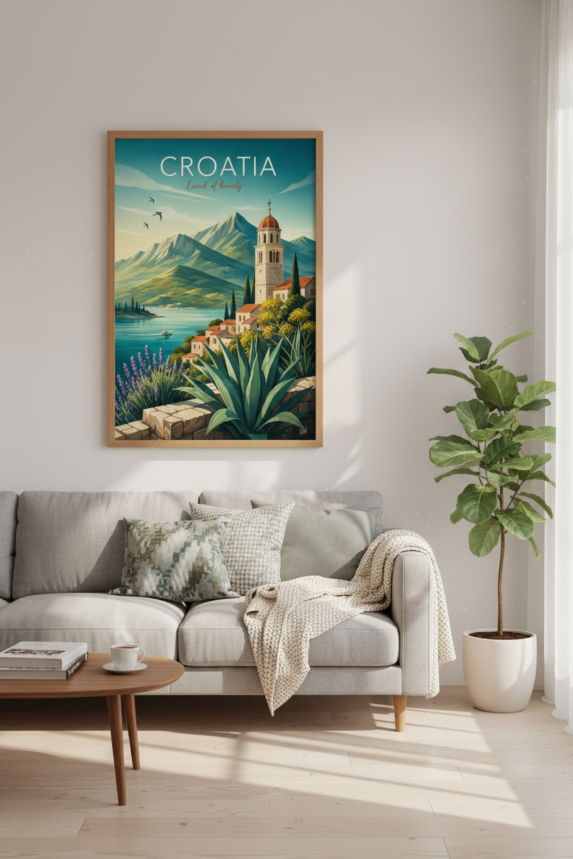 Croatia Travel Poster | Vintage Mediterranean Coast Wall Art, Living Room Decor