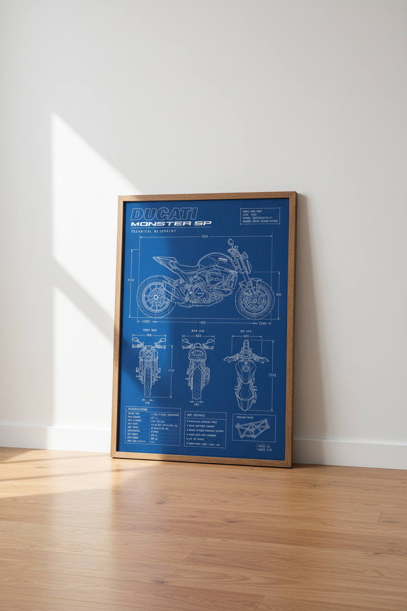 Ducati Monster SP Blueprint Art | Blue Technical Poster, Garage Man Cave Decor