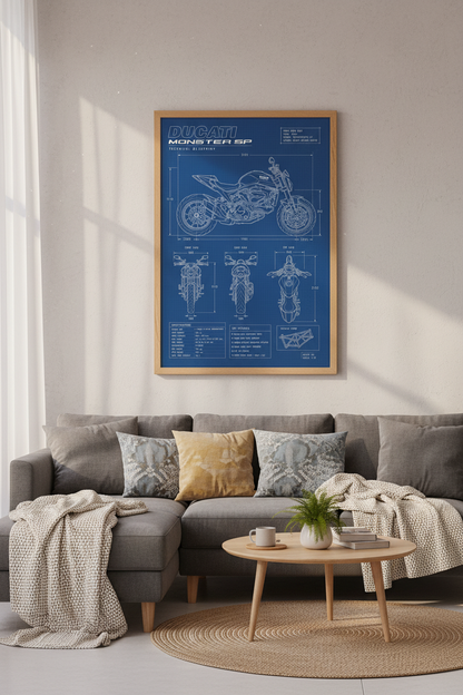 Ducati Monster SP Blueprint Art | Blue Technical Poster, Garage Man Cave Decor