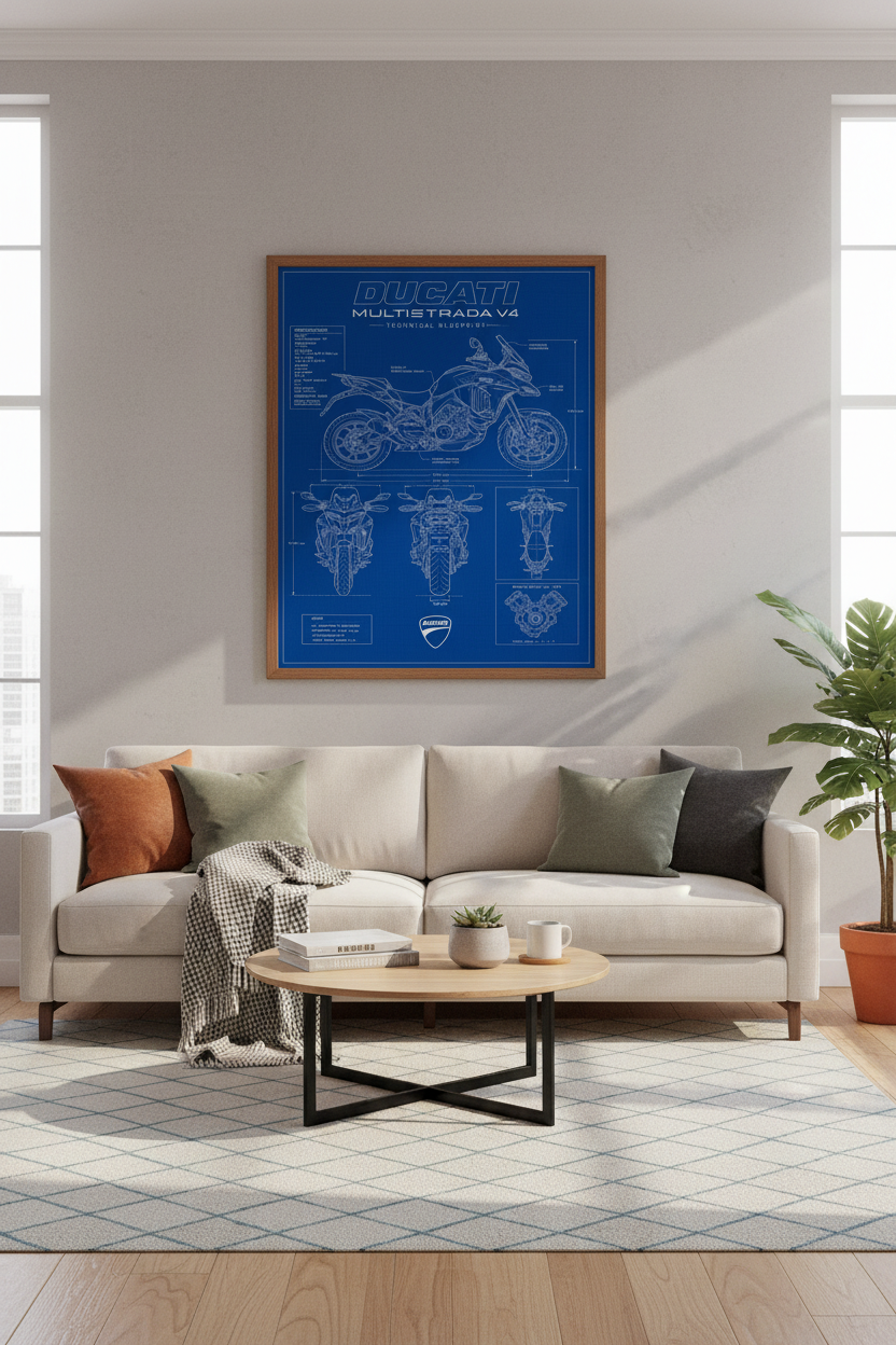 Ducati Multistrada V4 Blueprint Wall Art | Motorcycle Technical Poster, Man Cave Decor
