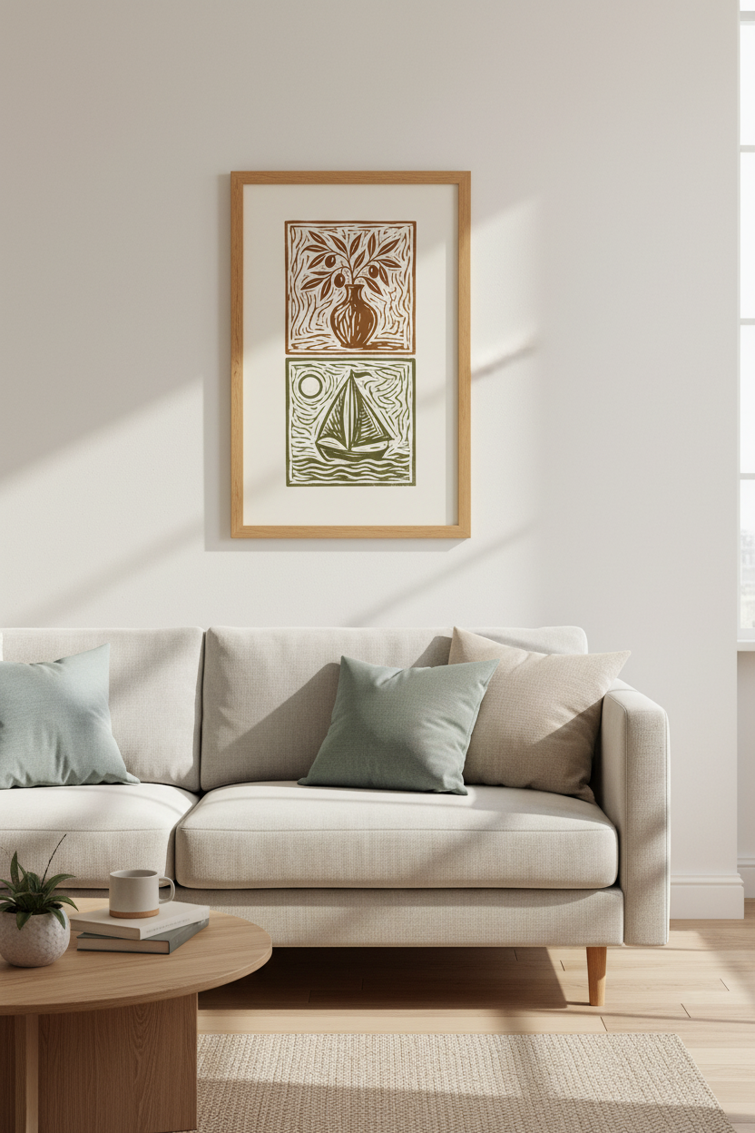 Mediterranean Linocut Boat &amp; Olive Wall Art | Coastal Earthy Decor, Minimalist Poster