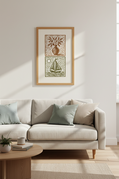 Mediterranean Linocut Boat &amp; Olive Wall Art | Coastal Earthy Decor, Minimalist Poster