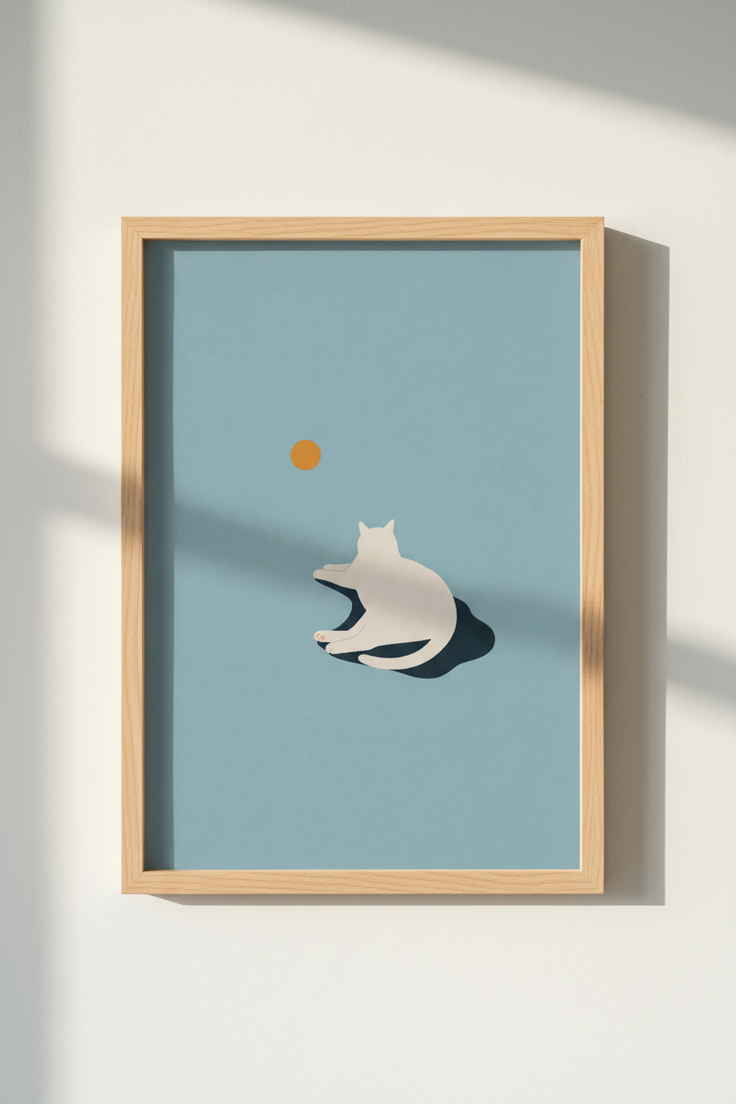 Minimalist White Cat Art | Blue Pastel Poster, Modern Nursery &amp; Bedroom Decor