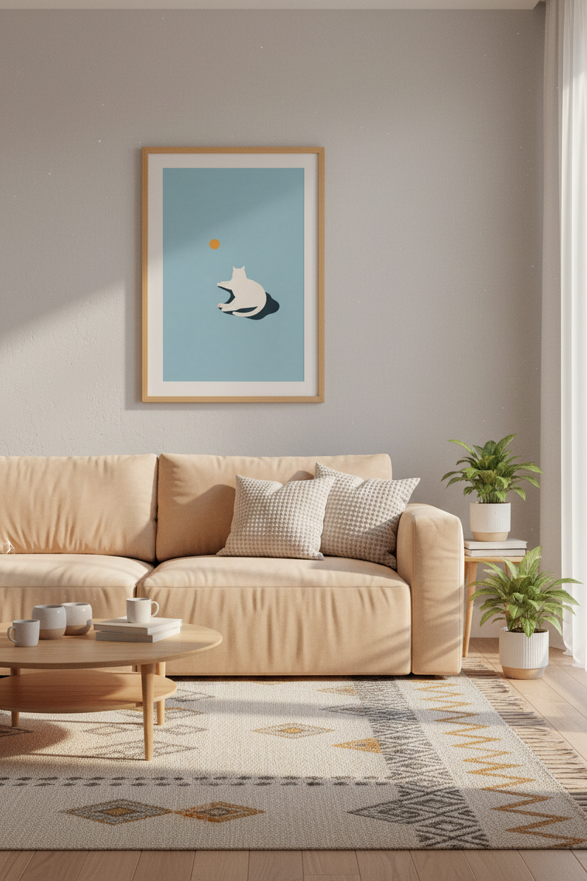 Minimalist White Cat Art | Blue Pastel Poster, Modern Nursery &amp; Bedroom Decor
