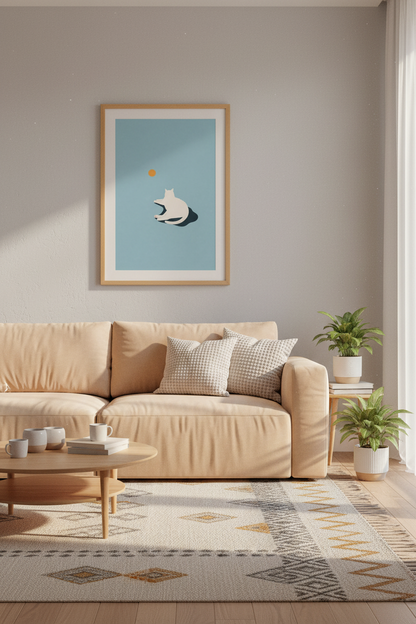 Minimalist White Cat Art | Blue Pastel Poster, Modern Nursery &amp; Bedroom Decor