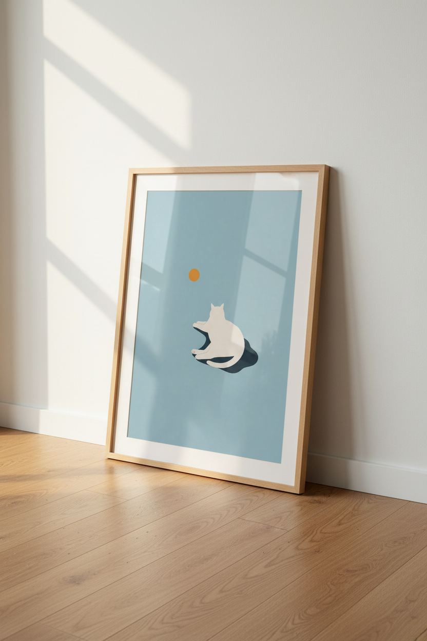 Minimalist White Cat Art | Blue Pastel Poster, Modern Nursery &amp; Bedroom Decor