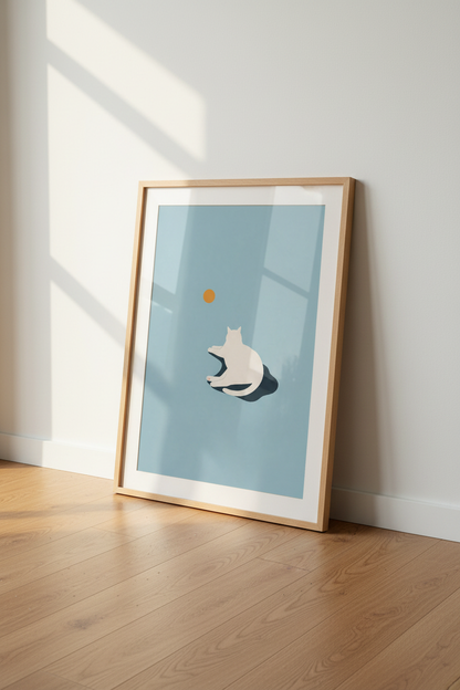 Minimalist White Cat Art | Blue Pastel Poster, Modern Nursery &amp; Bedroom Decor