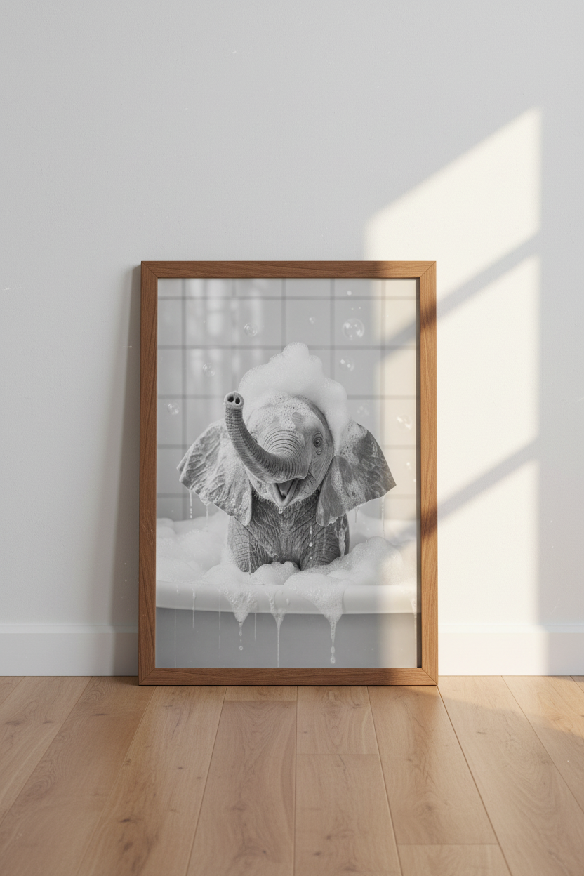Baby Elephant in Bathtub | Black and White Photography, Funny Bathroom Art