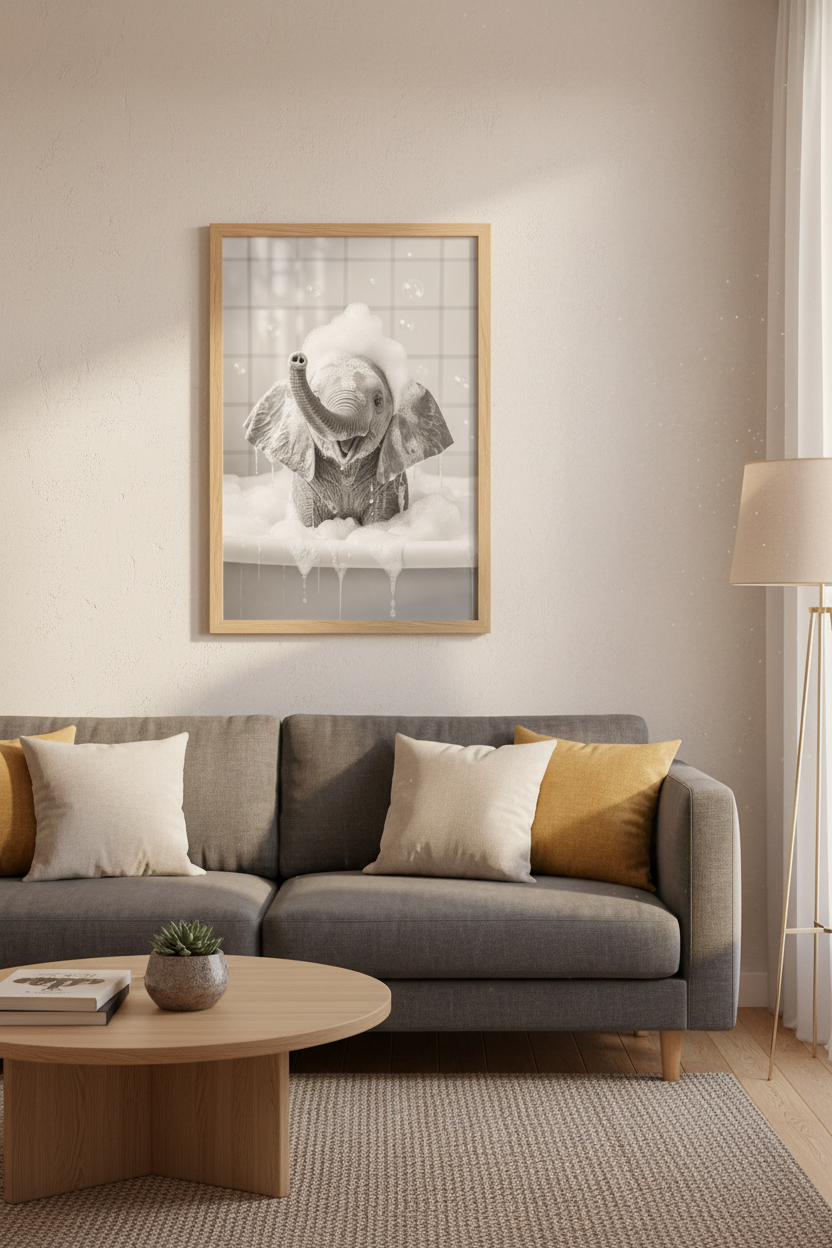 Baby Elephant in Bathtub | Black and White Photography, Funny Bathroom Art