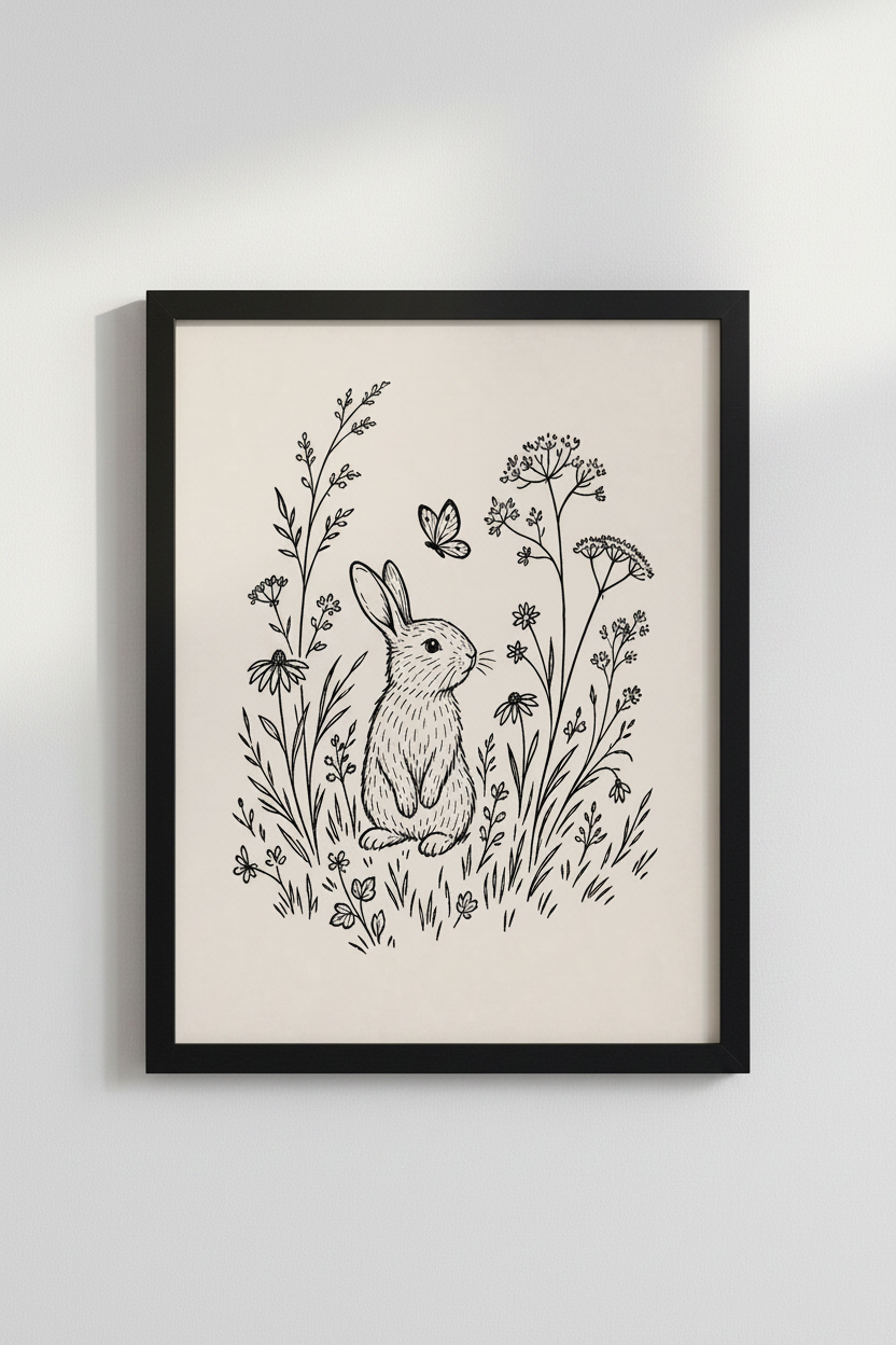 Rabbit &amp; Wildflowers Wall Art Print | Woodland Nursery Decor | Cottagecore Poster