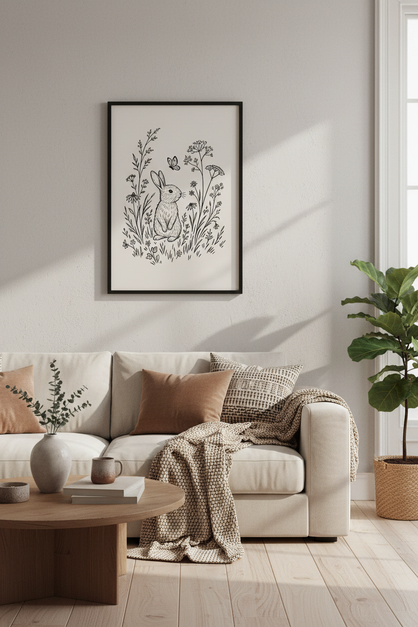 Rabbit &amp; Wildflowers Wall Art Print | Woodland Nursery Decor | Cottagecore Poster