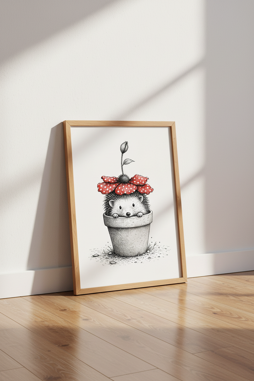 Hedgehog in Flower Pot Wall Art Print | Nursery Decor | Whimsical Animal Poster