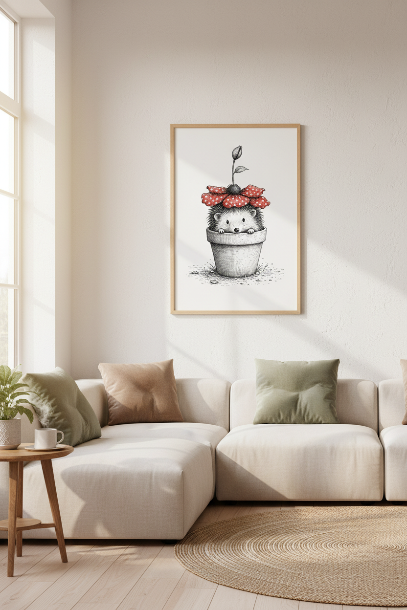 Hedgehog in Flower Pot Wall Art Print | Nursery Decor | Whimsical Animal Poster