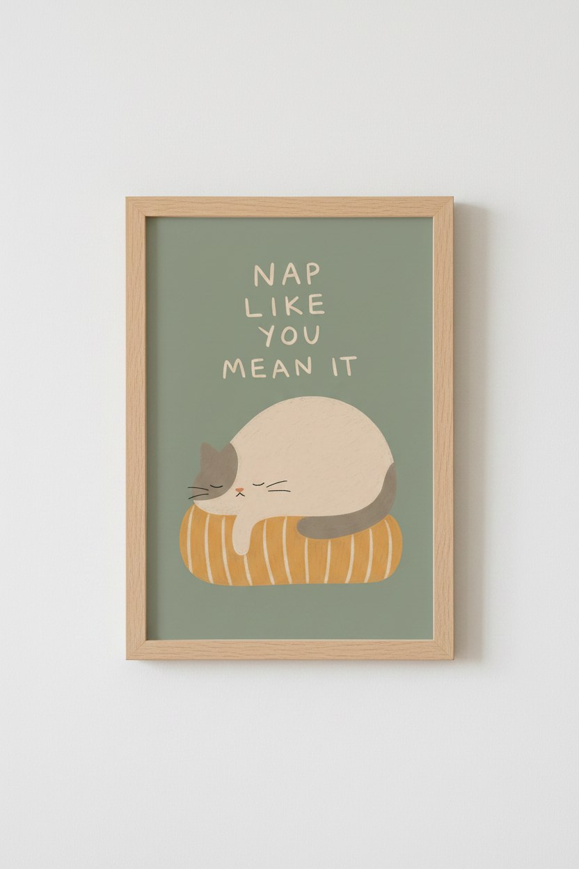 Sleeping Cat Wall Art Print | Bedroom Quote Decor | Cozy Aesthetic Poster