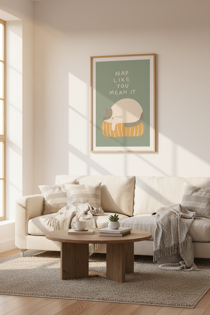 Sleeping Cat Wall Art Print | Bedroom Quote Decor | Cozy Aesthetic Poster