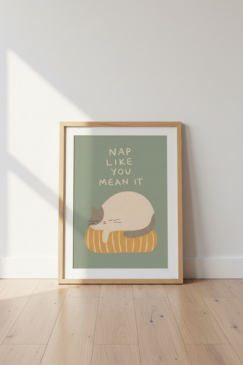 Sleeping Cat Wall Art Print | Bedroom Quote Decor | Cozy Aesthetic Poster