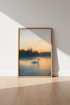 Swan on Misty Lake | Impressionist Gold & Blue Landscape, Elegant Bedroom Decor