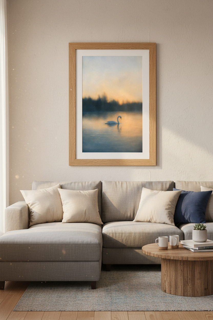 Swan on Misty Lake | Impressionist Gold &amp; Blue Landscape, Elegant Bedroom Decor