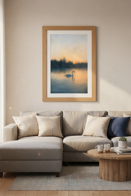 Swan on Misty Lake | Impressionist Gold &amp; Blue Landscape, Elegant Bedroom Decor