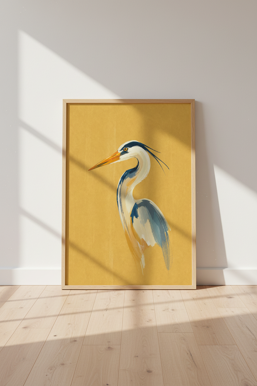 Great Blue Heron Art | Coastal Mustard Yellow Poster, Modern Bird Wall Decor