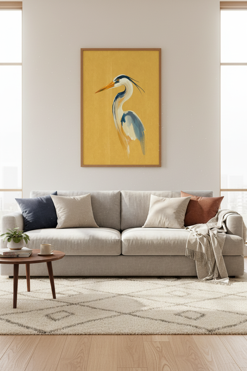 Great Blue Heron Art | Coastal Mustard Yellow Poster, Modern Bird Wall Decor