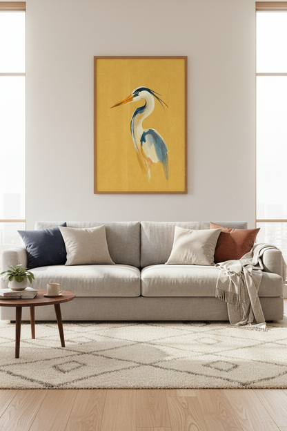 Great Blue Heron Art | Coastal Mustard Yellow Poster, Modern Bird Wall Decor