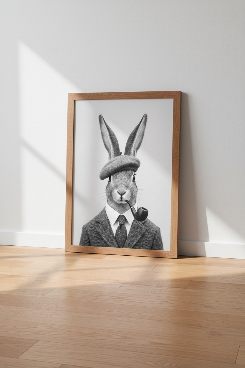 Dapper Rabbit Wall Art Print | Black &amp; White Animal Portrait, Study Decor