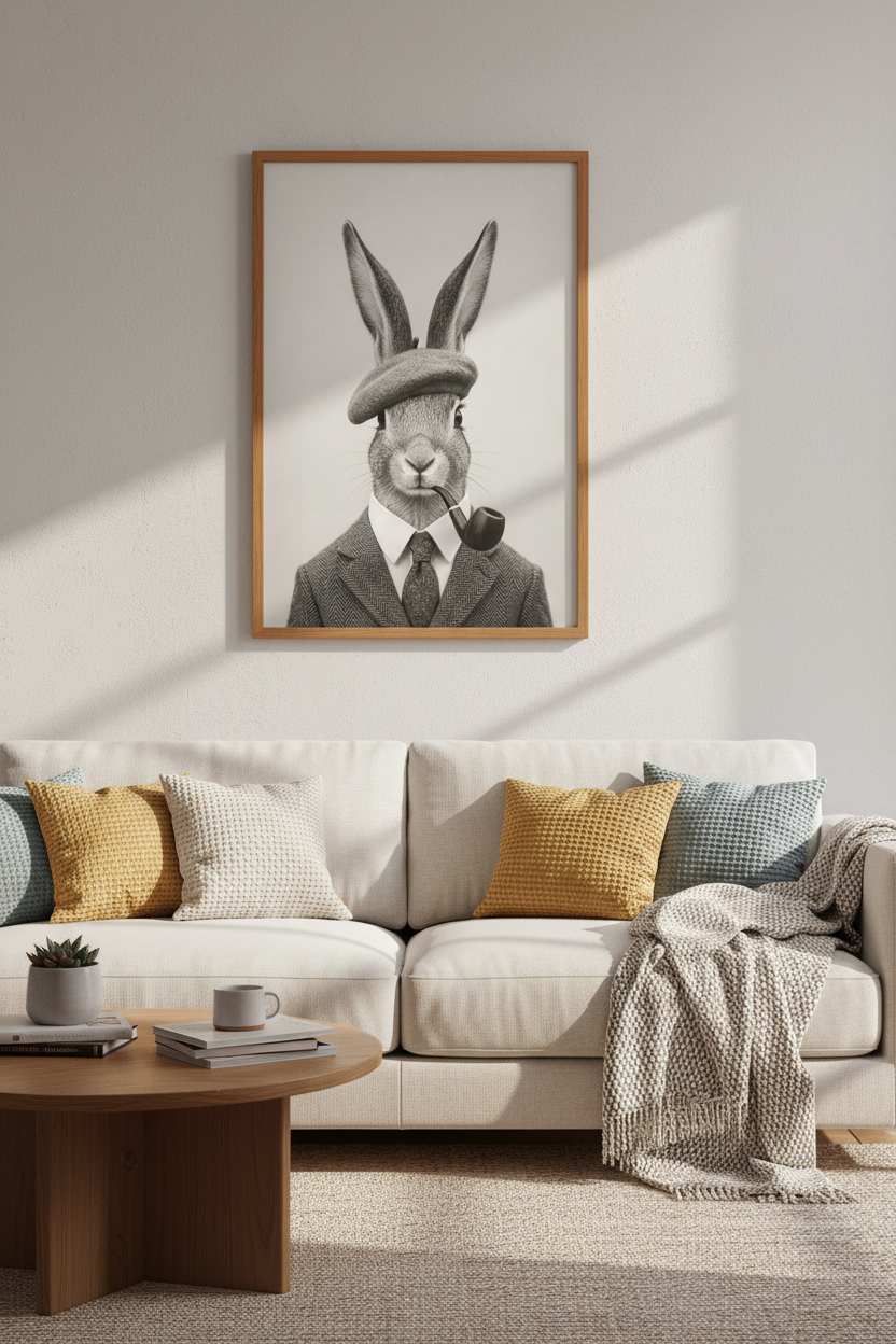 Dapper Rabbit Wall Art Print | Black &amp; White Animal Portrait, Study Decor