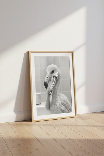 Shaving Flamingo | Funny Black and White Photography, Bathroom Decor Aesthetic